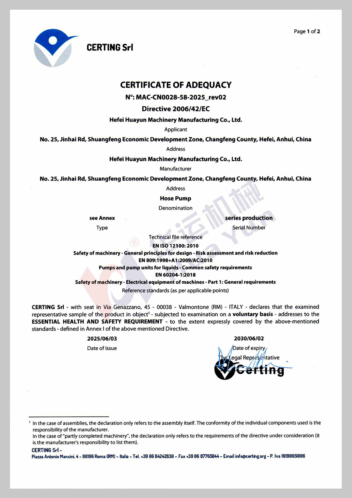 Hose pump CE certificate